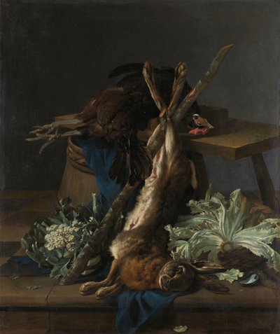 Martwa natura z zającem i czarnym kogutem autorstwa Cornelis Lelienbergh
