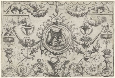 Ornament z trzema postaciami klęczącymi pod płótnem autorstwa Cornelis Massijs (attributed to)