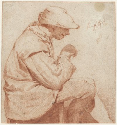 Siedzący mężczyzna w miękkiej czapce, z profilu w prawo, z uniesioną prawą ręką autorstwa Cornelis Pietersz. Bega (attributed to)