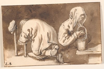Klęczący mężczyzna i kobieta z koszem autorstwa Cornelis Pietersz Bega