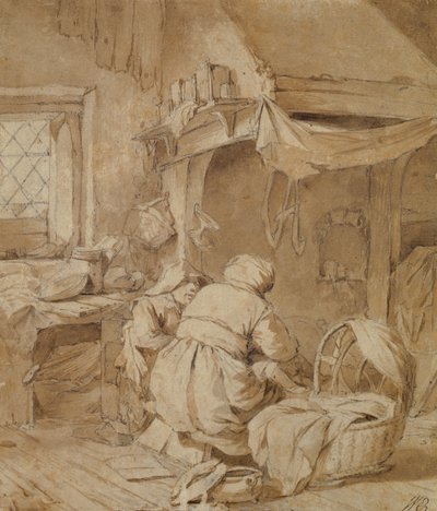 Salon na farmie z farmerem, kołyską i dzieckiem, ok. 1654 (pióro i atrament oraz pędzel na papierze) autorstwa Cornelis Pietersz Bega