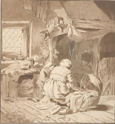 Wnętrze wiejskiego domu z dwiema kobietami autorstwa Cornelis Ploos van Amstel (signed by artist)