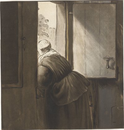 Kobieta pochylająca się nad niższymi drzwiami autorstwa Cornelis Ploos van Amstel (signed by artist)