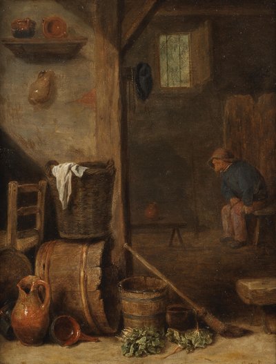 Wnętrze kuchni z postacią siedzącą w sąsiednim pomieszczeniu autorstwa Cornelis Saftleven