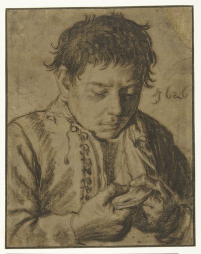 Chłopiec zbierający pchły, połowa długości autorstwa Cornelis Saftleven