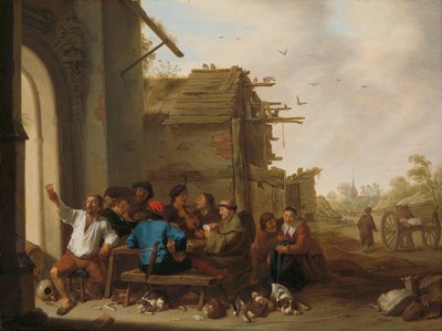 Figurki przed wioskową karczmą Towarzystwo ludu wiejskiego autorstwa Cornelis Saftleven