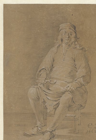 Siedzący mężczyzna z miską na kolanach autorstwa Cornelis Saftleven