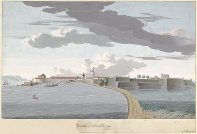 Fort Galle na Cejlonie, widziany od strony lądu Piento Gale z wiejskiej drogi (tytuł na obiekcie) autorstwa Cornelis Steiger