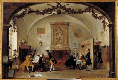 Alegoria wojny przeciwko Francji Żołnierze holenderscy studiują strategie podczas wojny o sukcesję hiszpańską (1701-1714) między Francją i Hiszpanią oraz koalicji utworzonej przez Anglię, Holandię i Prusy. Obraz Cornelisa Troosta (1697-1750) 1747 The Ha autorstwa Cornelis Troost