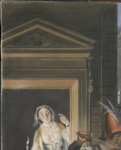 Scena przekupstwa z drugiego aktu komedii „Hopman Ulrich albo oszukana chciwość” Johana van Paffenrode (1661). autorstwa Cornelis Troost