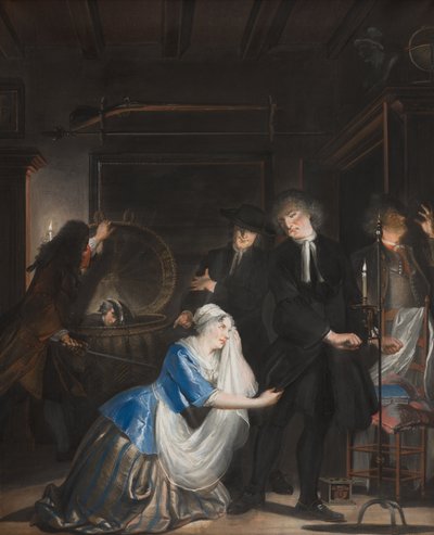 Odkryto fałszywą cnotę: odkrycie Volkerta w koszu na pranie, 1739 autorstwa Cornelis Troost