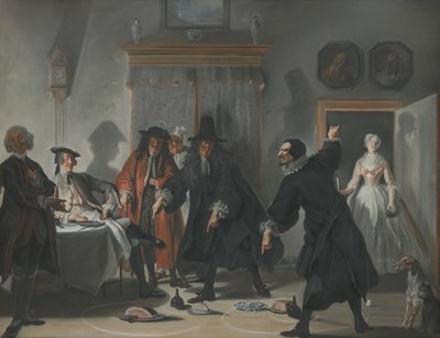 Matematycy lub młoda dama, która uciekła: spór między doktorami Raasbolliusem i Urinaalem, 1741 autorstwa Cornelis Troost