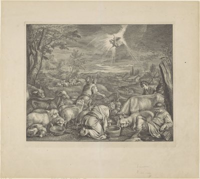 Abraham wyjeżdża do Sychem / Zwiastowanie pasterzom Biblia Królewska (tytuł serii) autorstwa Cornelis Visscher (II)