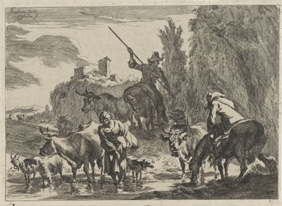 Pasterze z bydłem przedzierają się przez strumień Krajobrazy (tytuł serii) autorstwa Cornelis Visscher (II)