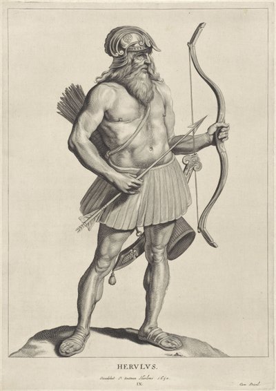 Herulana Herulus (tytuł na obiekcie) Oude hier woonachtige volken (tytuł serii) Peplus czyli Goci, Wandale, Szwabowie, Herulowie, Gepidzi, Markomani i starożytny Czteroosobowy Zdjęcia ze starożytnych zabytków i muzeum Marka Zueriusa Boxhorniusa (seria autorstwa Cornelis Visscher (II)