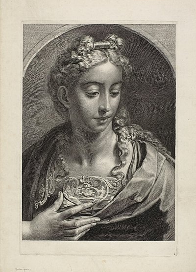 Atena, z Cabinet Reynst; Variarum imaginum a celeberrimis artificibus pictarum Caelaturae (Cabinet Reynst: Engravings of various images painted by famous artists) autorstwa Cornelis Visscher