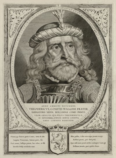 Dirk I, hrabia Holandii, w zbroi. Rama jest ozdobiona herbem Holandii. NL-HlmNHA 1477 53012894 autorstwa Cornelis Visscher