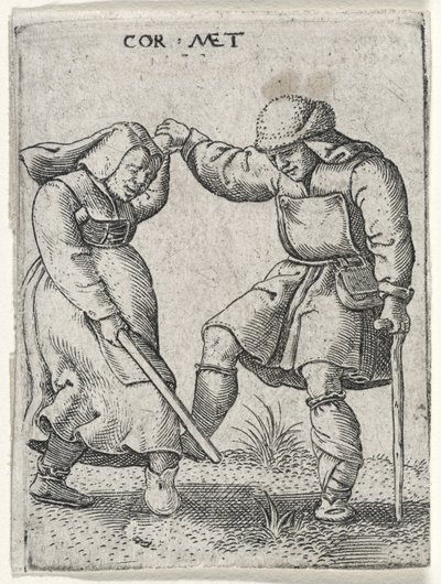 Mężczyzna z zabandażowaną stopą tańczący z kobietą, 1572 (rycina na papierze wykładanym) autorstwa Cornelis after Massys