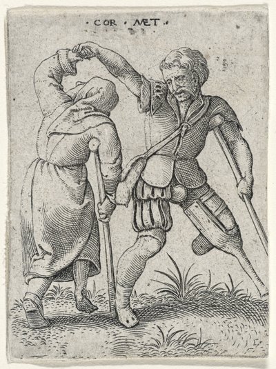 Mężczyzna z drewnianą nogą obracający kulawą kobietę pod pachą, 1572 (rycina na papierze wykładanym) autorstwa Cornelis after Massys