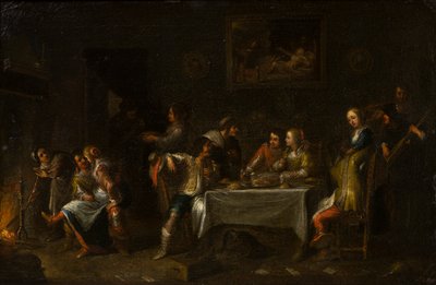 Panie i Panowie ucztujący przy stole, ok. 1612-67 (olej, płótno i papier) autorstwa Cornelis de (attr. to) Wael