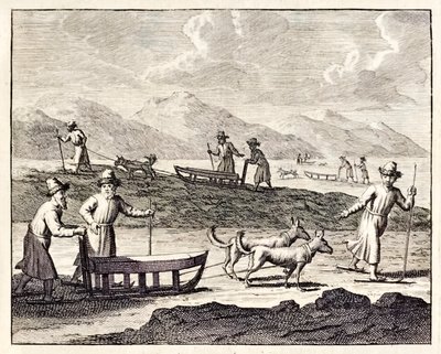 Rosjanie podróżujący z psimi zaprzęgami na Syberię”, z „Voyages de Corneille le Brun”. 1718 autorstwa Cornelis de Bruyn