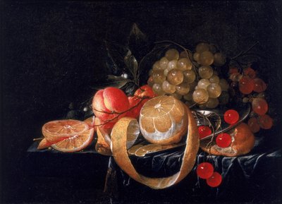 Martwa natura z cytryną, winogronami, wiśniami i morelami na cynowym talerzu autorstwa Cornelis de Heem
