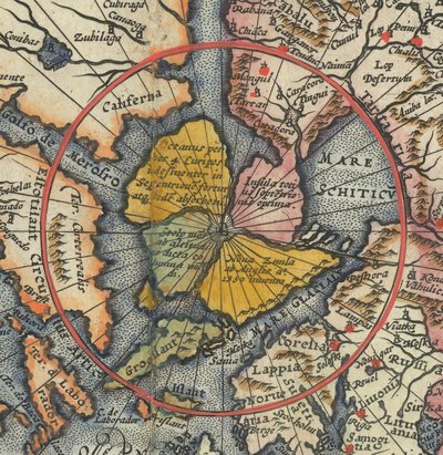 Szczegół mapy świata - Arktyka z wyspą magnetyczną jako biegunem północnym autorstwa Cornelis de Jode