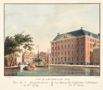 Widok na Amsterdam nr 19. Het R.C. Maagdenhuis op het Spuij. Dom Sierot Katolickich na Spuij, 1825 (rycina ręcznie kolorowana) autorstwa Cornelis de Kruyff