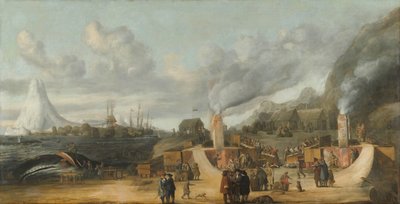 Rafineria tranu wielorybiego w pobliżu wsi Smerenburg Fabryka oleju wielorybiego firmy Nordic lub Grenlandii na wyspie Amsterdam na północnym krańcu Spitzbergen (Svalbard) autorstwa Cornelis de Man