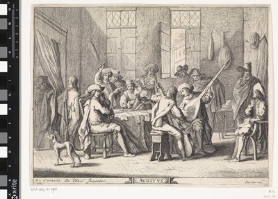przesłuchanie Avditvs (tytuł na obiekcie) Pięć zmysłów (tytuł serii) autorstwa Cornelis de Wael