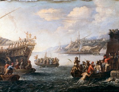 Żołnierze wyruszający do walki z Turkami w porcie Genoz (Malarstwo autorstwa Cornelis de Wael