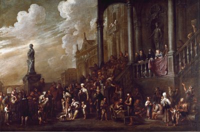 Siedem dzieł cielesnego misericorde: „Dając jedzenie głodnym” Obraz Cornelisa De Waela (1592-1667) (ec.flam) Genes, kolekcja Banco di Chiavari autorstwa Cornelis de Wael