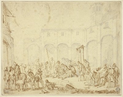Ranni żołnierze na dziedzińcu na placu miejskim autorstwa Cornelis de Wael