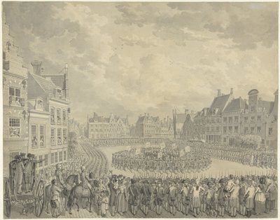 Zaprzysiężenie Rady Komisarzy przez oficerów artyleryjskich na Neude w Utrechcie, 1786 autorstwa Cornelis van Cuylenburgh (II) (signed by artist)