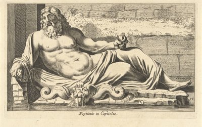 Statua Neptuna przy fontannie na Kapitolu w Rzymie Neptun w Capitolio (tytuł na obiekcie) Eigenlyke wizerunki stu najsłynniejszych posągów lub antycznych posągów stojących w Rzymie (tytuł serii) autorstwa Cornelis van Dalen (I)