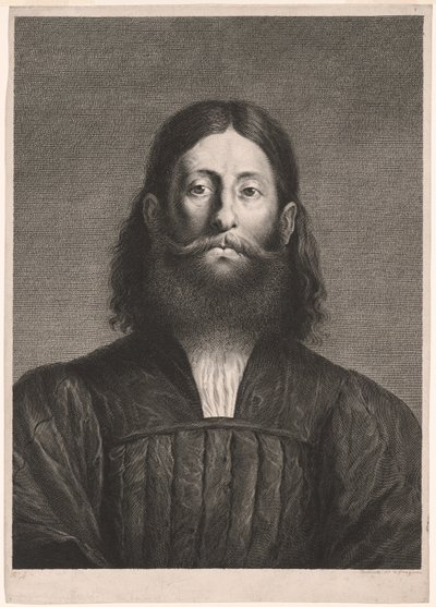 Portret brodatego mężczyzny (tzw. portret Giorgione), z Cabinet Reynst; Variarum imaginum a celeberrimis artificibus pictarum Caelaturae (Cabinet Reynst: Engravings of various images painted by famous artists). autorstwa Cornelis van Dalen II