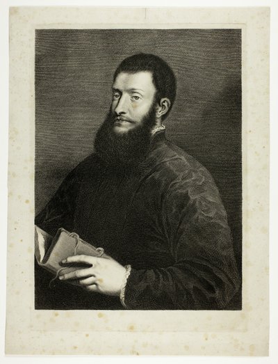 Portret poety Pietro Aretino, z Gabinetu Reynsta; Variarum imaginum a celeberrimis artificibus pictarum Caelaturae (Gabinet Reynsta: Ryciny różnych obrazów namalowanych przez znanych artystów) autorstwa Cornelis van Dalen II