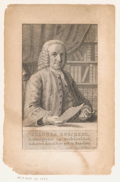 Portret Johannesa Enschedé Joannes Enschede, założycielka pisma i drukarz książek (tytuł na obiekcie) autorstwa Cornelis van Noorde