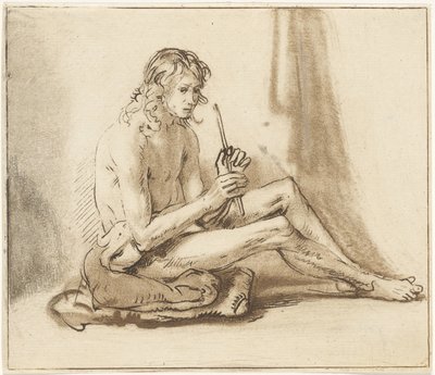 Siedzący nagi mężczyzna z fletem autorstwa Cornelis van Noorde
