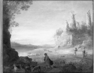 Włoski krajobraz z Dianą i Callisto z pasterzem kóz w pobliżu zrujnowanego zamku autorstwa Cornelis van Poelenburgh or Poelenburch