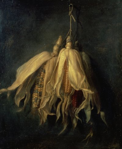 Trzy kolby kukurydzy zwisające z gwoździa (olej na płótnie) autorstwa Cornelis van Spaendonck