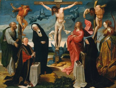 Ukrzyżowanie z darczyńcami i świętymi Piotrem i Małgorzatą, ca. 1525-27. autorstwa Cornelius Engebrechtsz