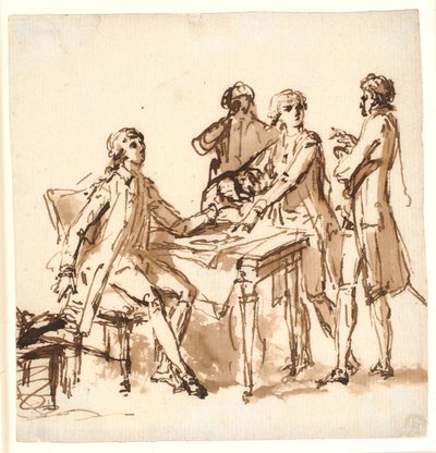 Czterech mężczyzn przy stole omawia projekt. autorstwa Cornelius Høyer