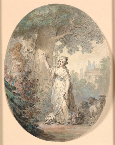 Pasterka rzeźbi znak na drzewie autorstwa Cornelius Høyer