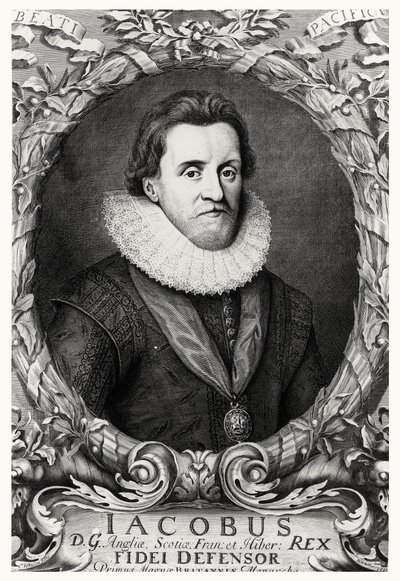 Portret Jakuba I, króla Wielkiej Brytanii, rytowany przez R.White, 1669 autorstwa Cornelius I after Johnson