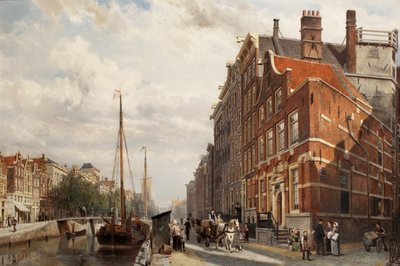 Widok na Makelaers Comptoir na Nieuwezijds Voorburgwal, Amsterdam, 1883 autorstwa Cornelis Springer