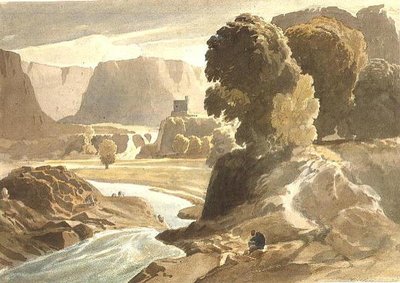 PD.4-1967 Górski krajobraz z zamkiem (prawdopodobnie widok w Walii), ok. 1802-3 (akwarela i ołówek na papierze) autorstwa Cornelius Varley