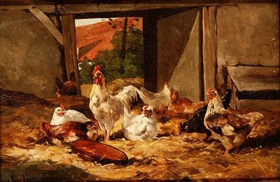 Kurczaki w stodole (jeden z pary) autorstwa Cornelius van Leeputten