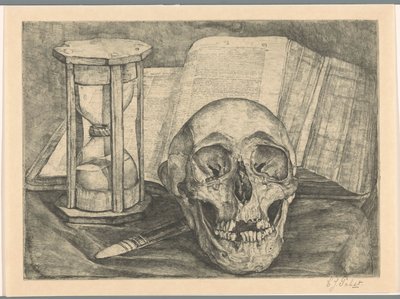 Martwa natura z czaszką, klepsydrą, książką i nożem autorstwa Corrie Pabst (signed by artist)