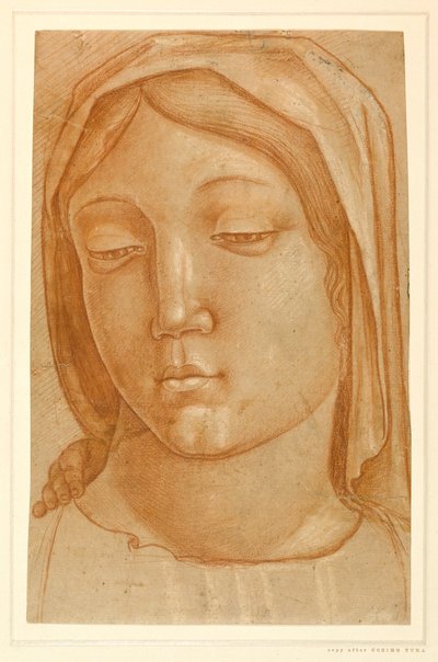 Głowa Dziewicy z palcami dłoni dziecka na prawym ramieniu (czerwona kreda na papierze) autorstwa Cosimo (after) Tura